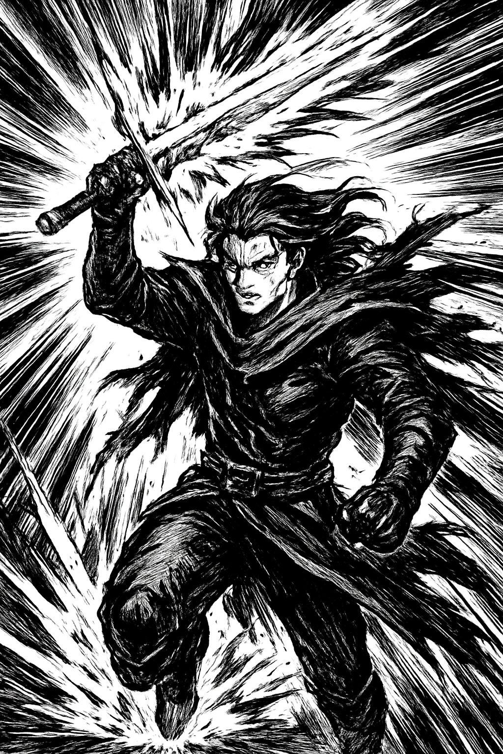 a black and white drawing of a man holding a sword