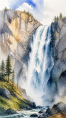 towering waterfall cascading down a cliff