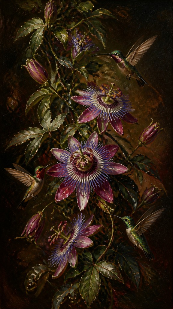 a climbing vine of flowers and hummingbirds on a dark background, tall wrapping composition, no text
