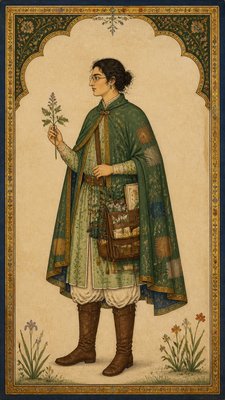 full-body original character: a wandering botanist with a satchel of plants, a patched green cloak, tall boots and round glasses, neutral background