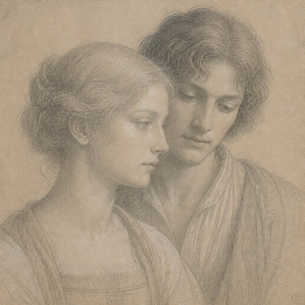 portrait of two people together — Silverpoint Drawing Style