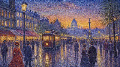 bustling city street panorama at dusk