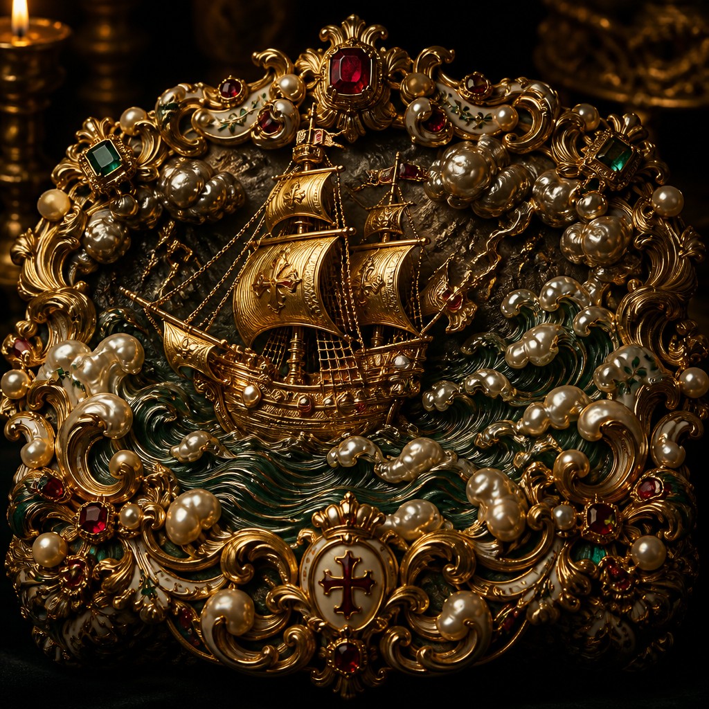 sailing ship on a stormy sea — Baroque Jewelry Style