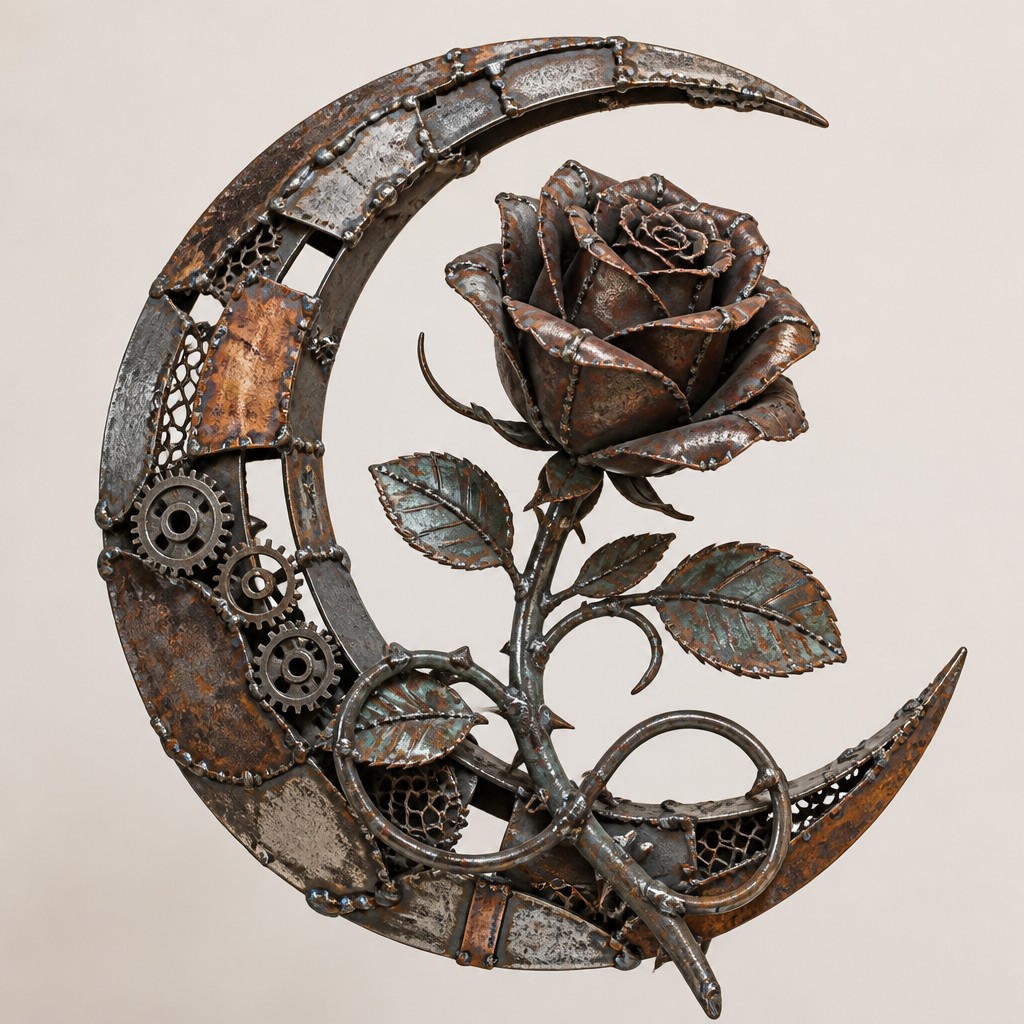 a rose entwined with a crescent moon, clean balanced composition on a plain background, no text
