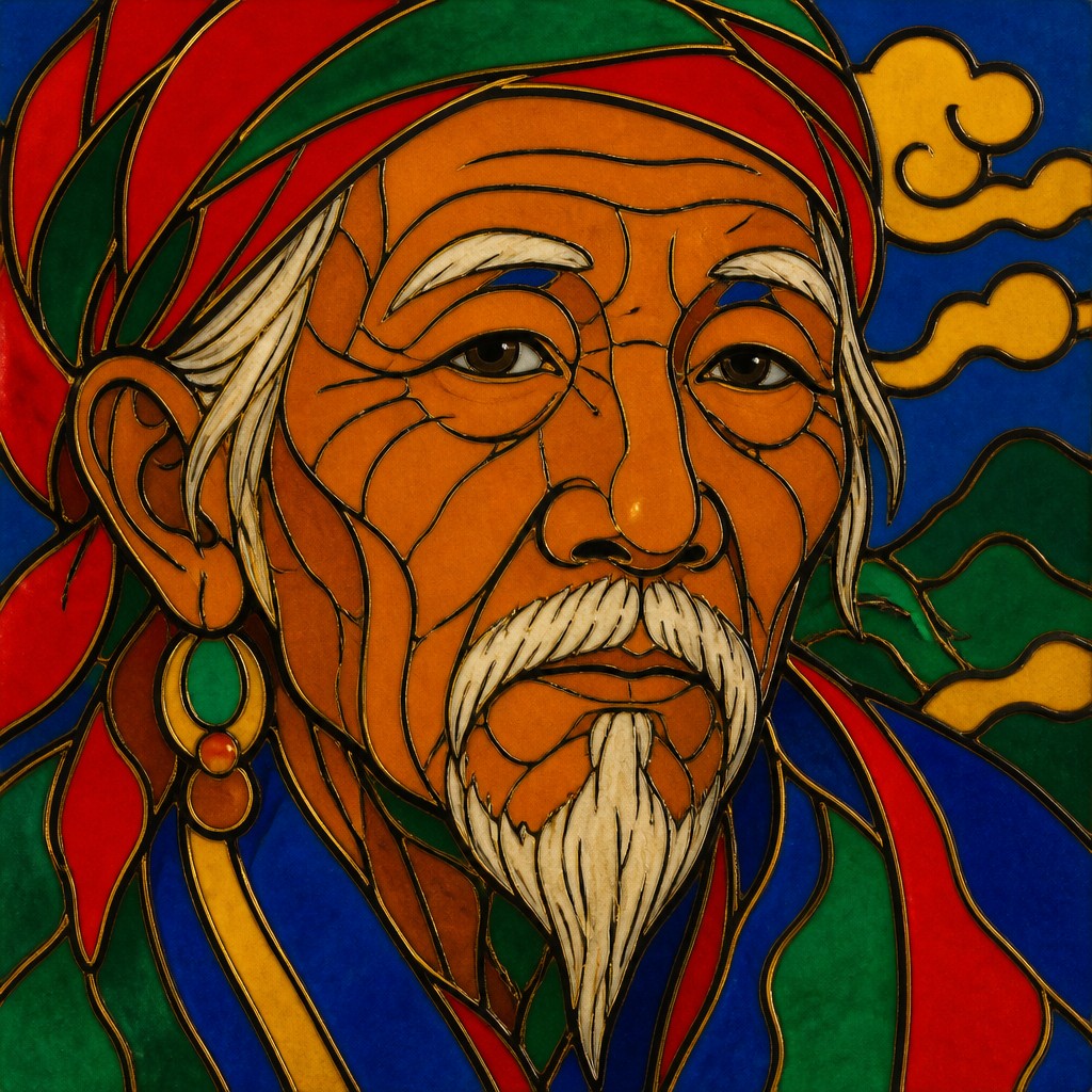 close-up portrait of an elderly person with expressive weathered features — Cloisonnism Art Style