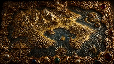 a map of an island realm with mountains, forests, a sheltered bay, sea monsters in the water and a compass rose, no text labels