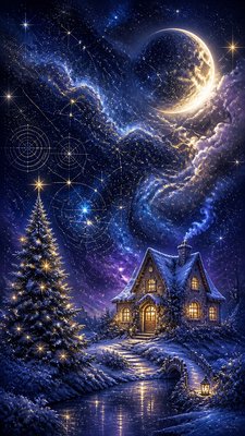 a snow-covered cottage with warm glowing windows beside a decorated pine tree, gentle snowfall, no text