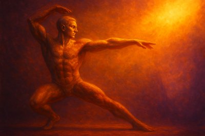 a painting of a man doing a yoga pose