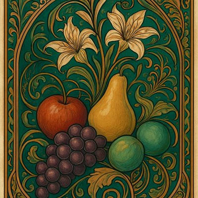 still life arrangement of fruits and flowers