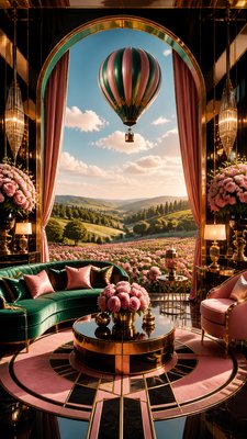 a hot air balloon drifting over rolling flower fields on a sunny day, cheerful, no text