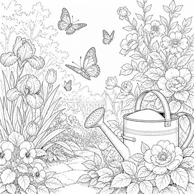 a garden scene with butterflies, flowers and a watering can, clean uncolored line art, no text