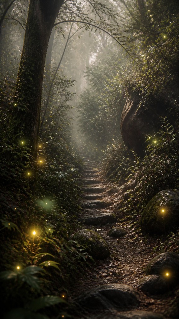 a mysterious forest path with fireflies and drifting mist, atmospheric vertical composition with open space at the top, no text