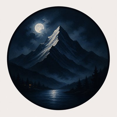 an emblem of a mountain peak inside a circle, simple bold shapes on a plain background, no text or lettering