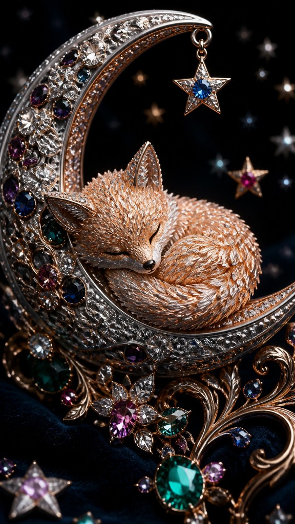 a sleeping baby fox curled on a crescent moon among soft stars, gentle and warm, no text