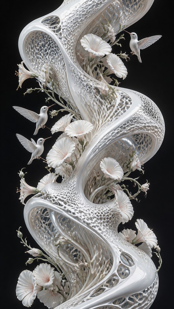 a climbing vine of flowers and hummingbirds on a dark background, tall wrapping composition, no text