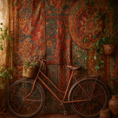 bicyle resting against a wall