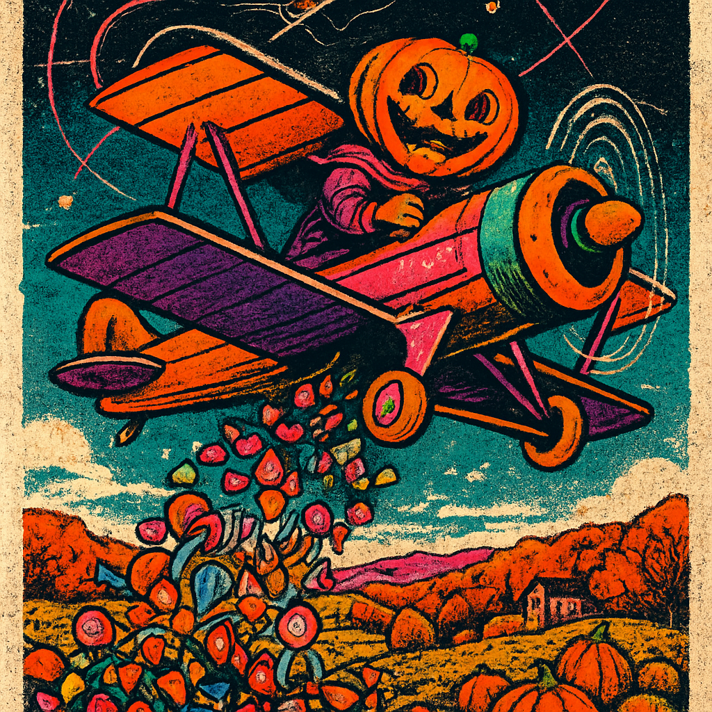 A fantastically cheerful and dynamic scene featuring the happy pumpkin-head figure (with the swirled, smiling carved face and internal glow) as the pilot of a classic, brightly colored biplane. The biplane itself is whimsically designed, perhaps with candy-themed accents or painted in vibrant, cheerful colors like orange, purple, and green.
The biplane is soaring through a clear, azure autumn sky, actively 'crop-dusting' a massive, exuberant stream of colorful Halloween candy from its underside. The candy (an abundant mix of wrapped chocolates, lollipops, candy corn, and various sweets) cascades downwards in a wide, joyous plume, spreading across the landscape below.
The landscape beneath the biplane is an idyllic, festive autumnal scene: rolling hills covered in vibrant fall foliage (golden, red, orange trees), a charming pumpkin patch, or a quaint, candy-colored village. The perspective is dynamic, capturing the plane in motion with the candy streaming behind it. The lighting is bright and sunny, emphasizing the vivid colors of the plane, the candy, and the autumn scenery. The overall mood is one of pure, unadulterated joy, playful magic, and festive exuberance, like a sugary parade from the sky." "pop art style, bold outlines, vibrant flat colors, dynamic composition, graphic novel aesthetic, strong visual impact"
