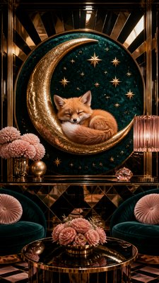 a sleeping baby fox curled on a crescent moon among soft stars, gentle and warm, no text