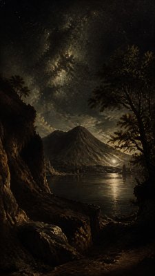 a tranquil mountain lake beneath a starry night sky, no people, no text