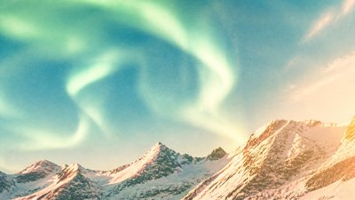 a flowing aurora over snowy peaks, wide sweeping composition, no people, no text