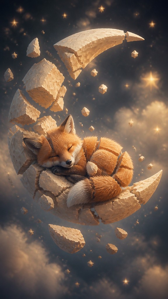 a sleeping baby fox curled on a crescent moon among soft stars, gentle and warm, no text