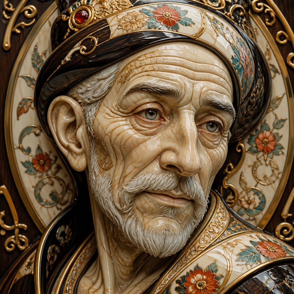 close-up portrait of an elderly person with expressive weathered features — Decorative Arts Style