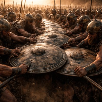 A hyper-realistic, documentary-style photograph of the ancient Hebrew army from Judges 20:11. The low-angle perspective is within the ranks, showing thousands of battle-hardened men in leather and bronze armor. Focus on a tight group of soldiers actively clamping and interlocking their massive, round bronze-faced shields. Their muscles are strained, veins bulging, as they grip the shield edges and spear shafts, physically causing themselves to be fused into one solid unit (Hithpalpel causative-reflexive action). The pattern repeats (Reduplication) in an endless, rhythmic grid of humanity and metal. Dust rises, sweat glistens, faces are set in absolute, synchronized determination. Cinematic golden hour lighting (the vivid amber-orange of a Jerusalem sunset) catches the edges of the bronze, adding intense color and depth. Shallow depth of field, incredible historical texture, 8k resolution.