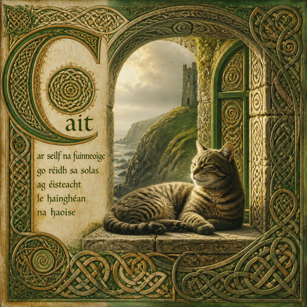 a cat lounging in a sunlit window — Irish Art Style
