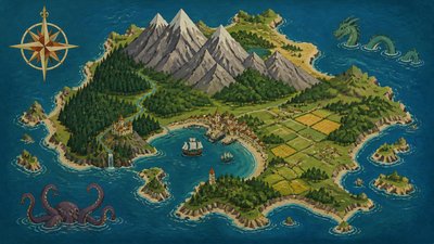 a map of an island realm with mountains, forests, a sheltered bay, sea monsters in the water and a compass rose, no text labels