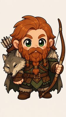full-body original character: a dwarven ranger with a braided auburn beard, worn leather armor, a longbow and a wolf-pelt cloak, neutral background, no text