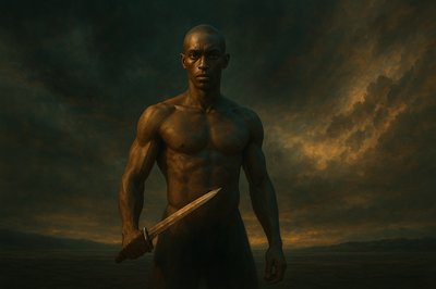 a painting of a man holding a knife