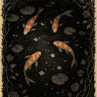 A koi pond seen from above, orange and white koi fish swimming among lily pads, clear water with subtle ripples, fallen cherry blossom petals floating on the surface, dappled sunlight