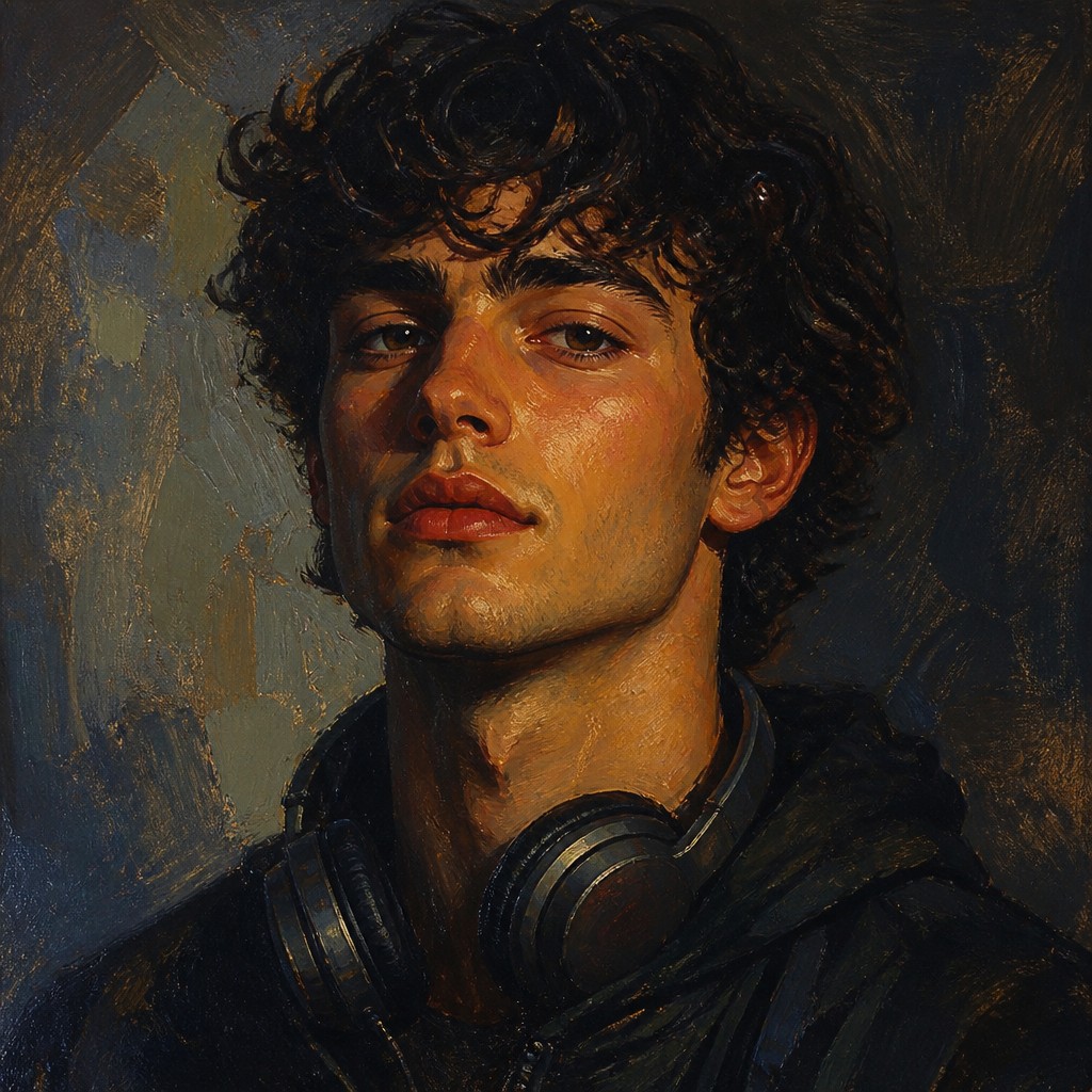 head-and-shoulders portrait of an original character: a young man with curly dark hair and headphones around his neck, plain backdrop, no text
