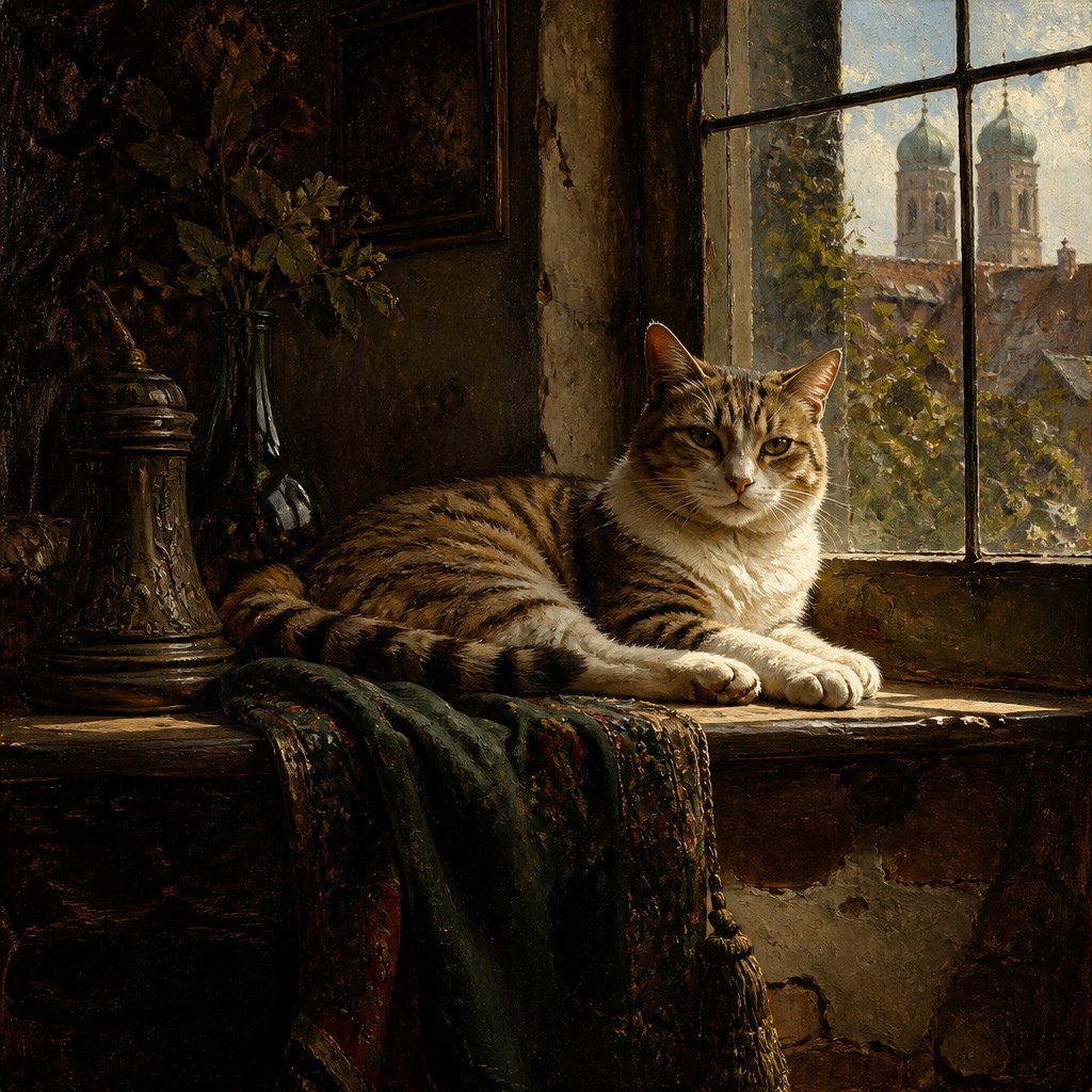 a cat lounging in a sunlit window — Munich School Art Style