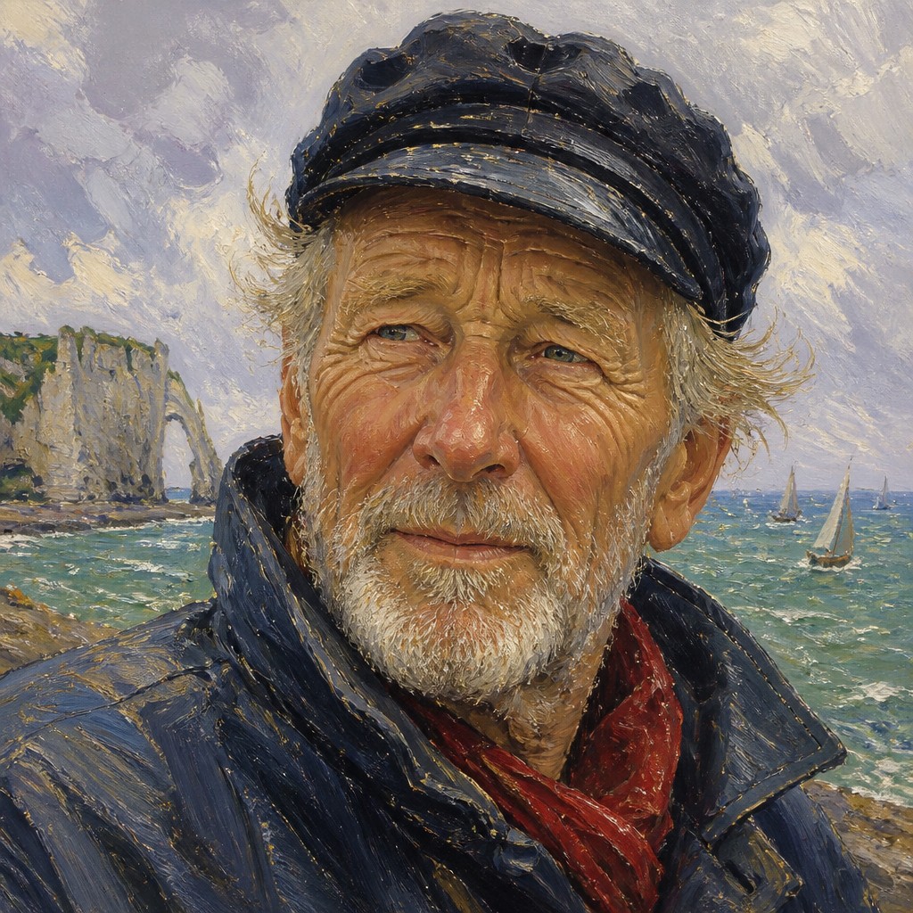 close-up portrait of an elderly person with expressive weathered features — Normandy Coast Art Style