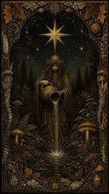 a robed figure pouring water beneath a large eight-pointed star in a night sky, symmetrical composition with an ornate decorative border, no text