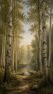 a serene birch forest in soft morning light, no people, no text