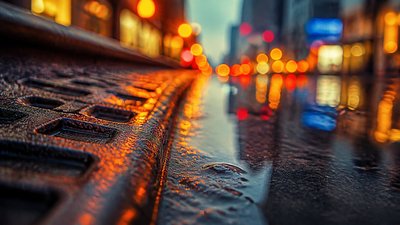 bustling city street panorama at dusk