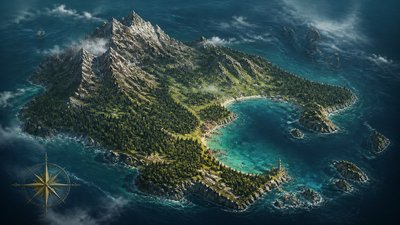a map of an island realm with mountains, forests, a sheltered bay, sea monsters in the water and a compass rose, no text labels
