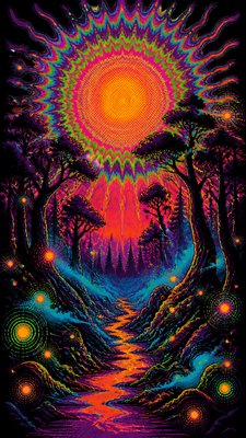 a mysterious forest path with fireflies and drifting mist, atmospheric vertical composition with open space at the top, no text