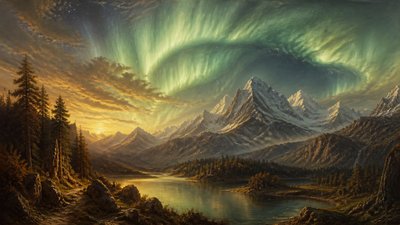 a flowing aurora over snowy peaks, wide sweeping composition, no people, no text