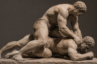 side view of ancient greek wrestler pinning opponent to the ground
