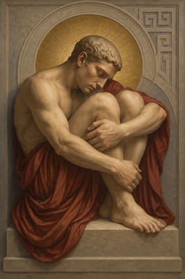 a painting of a man with his hands on his chest