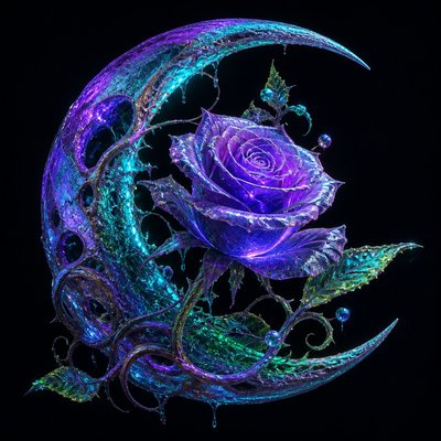 a rose entwined with a crescent moon, clean balanced composition on a plain background, no text