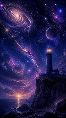 a lone lighthouse on a cliff at dusk under a dramatic sky, no text or lettering