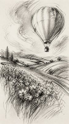 a hot air balloon drifting over rolling flower fields on a sunny day, cheerful, no text