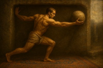 a painting of a man holding a ball