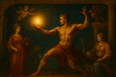 a painting of a man holding a light in his hand