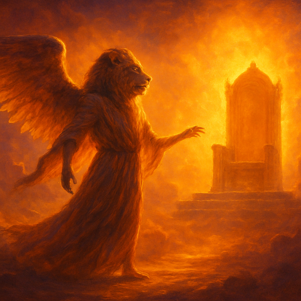A mystical fantasy angel with a lion head standing at God's throne in heaven, with suspense and serenity. Vibrant colors that immediately catch the eye, and soft lighting envelops the scene, enhancing its ethereal beauty. The angel strikes a graceful pose, signifying freedom and power. Dreamlike quality, a world of imagination and enchantment