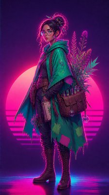 full-body original character: a wandering botanist with a satchel of plants, a patched green cloak, tall boots and round glasses, neutral background